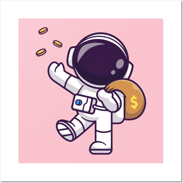 Cute Astronaut Bring Money Bag With Gold Coin Cartoon Wall Art by Catalyst Labs